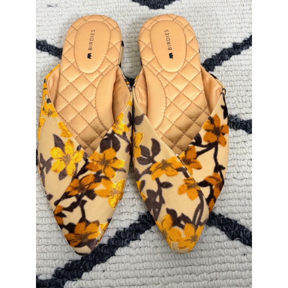 Birdies The Swan Mules Womens 5 Marigold Floral Velvet Pointed Toe Loafers